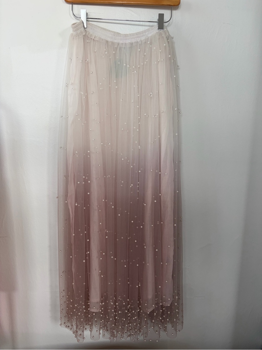 Tulle Pearl-Scattered Blush Ombre Maxi Skirt